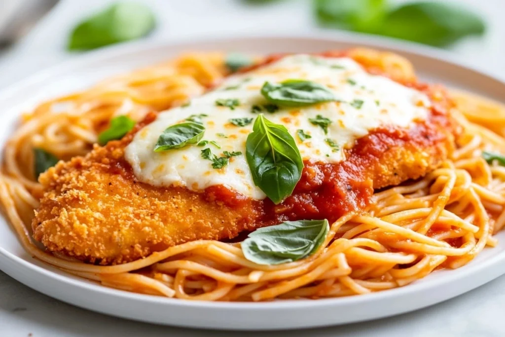 A plated serving of classic Chicken Parmesan pasta with melted cheese and fresh basil.