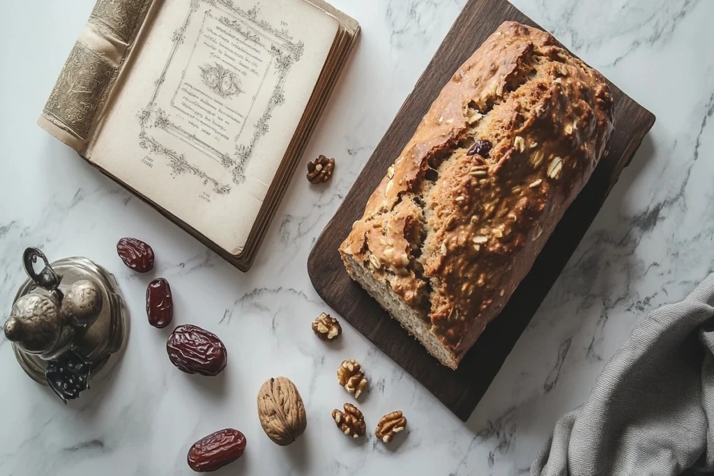 An old-fashioned recipe book next to a loaf of date nut bread and ingredients on a white marble kitchen counter