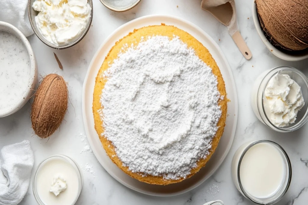 Vegan tres leches ingredients on a white marble kitchen counter