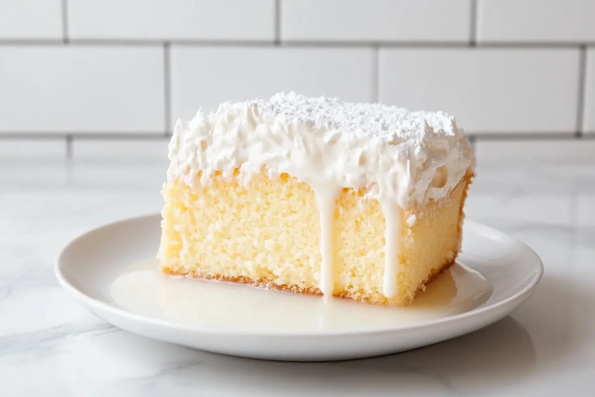 Thick tres leches cake with white cream on a white marble kitchen counter