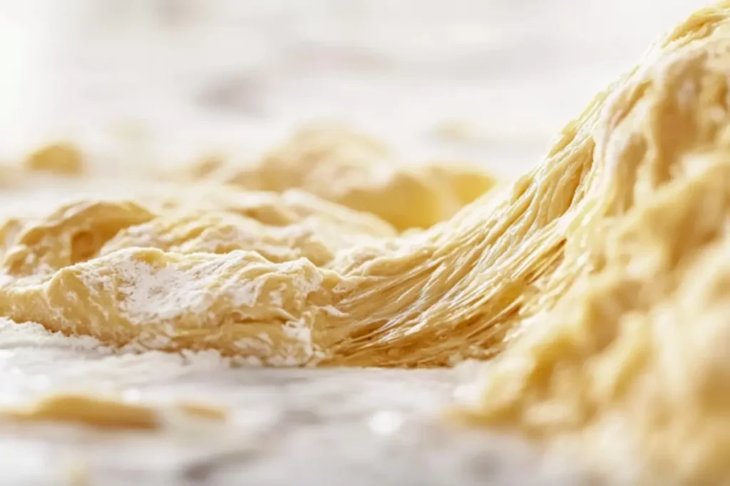 A close-up of gluten strands forming in kneaded dough.