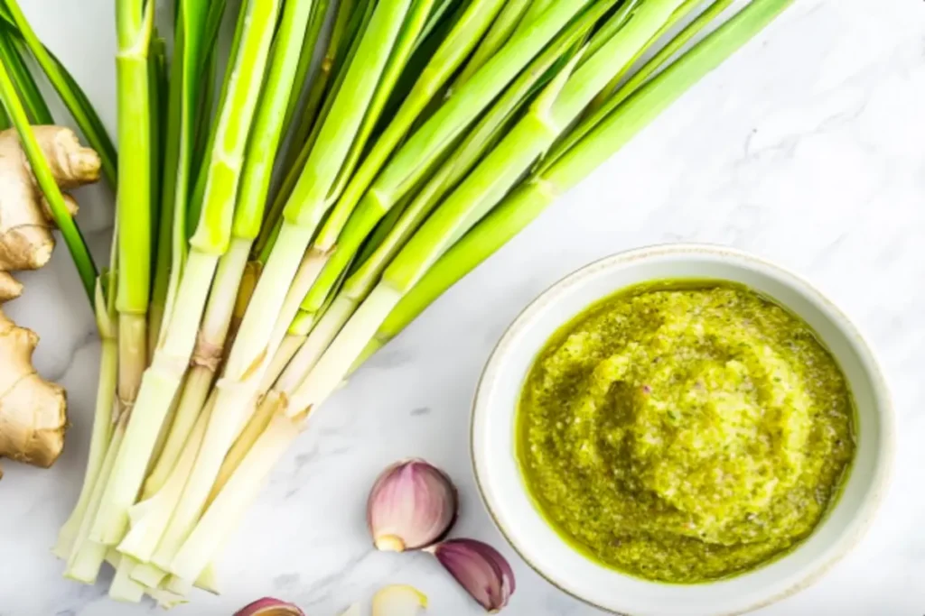 Fresh lemongrass stalks and a bowl of lemongrass paste