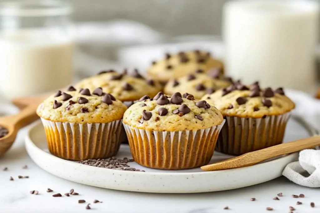 A plate of vegan, gluten-free protein muffins with chocolate chips and almond flour.