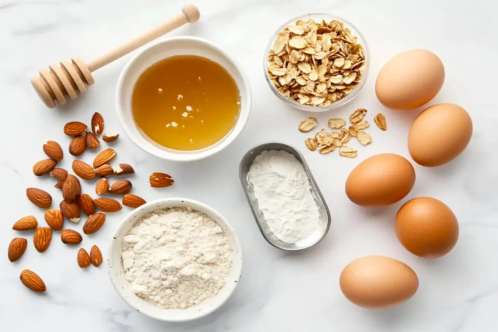 A flat lay of protein-packed ingredients like eggs, almond flour, Greek yogurt, and protein powder.