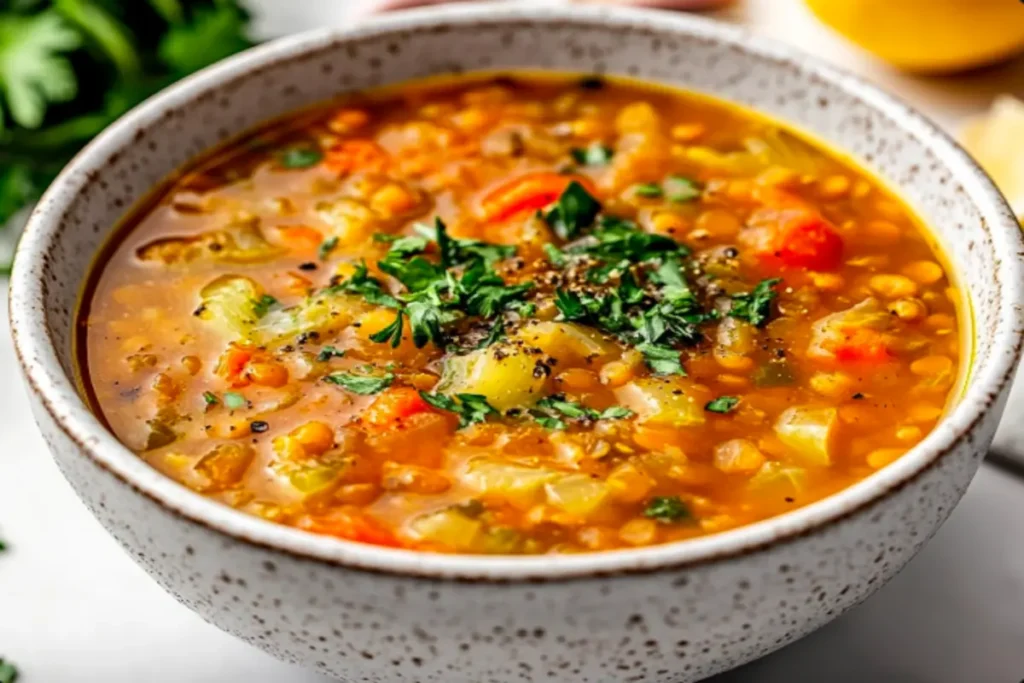 Cabbage lentil soup with garnish of parsley.