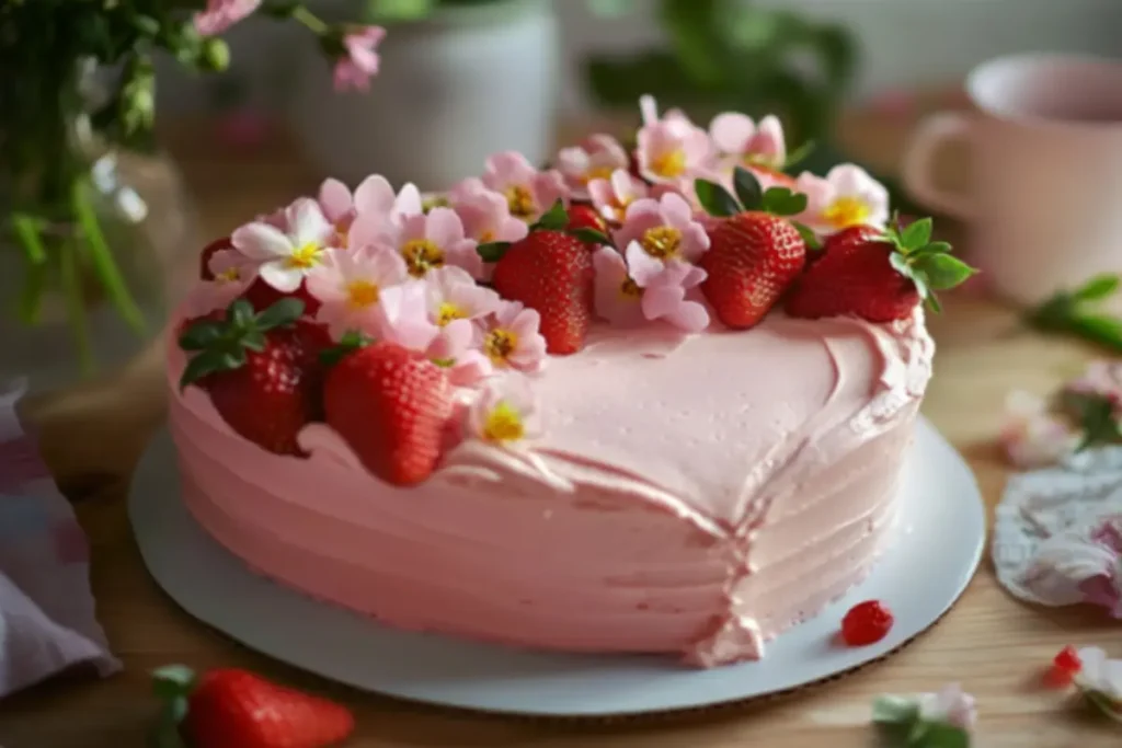 Beautiful heart-shaped cake with pastel pink buttercream frosting, topped with fresh strawberries and edible flowers, perfect for weddings, anniversaries, or Valentine’s Day.