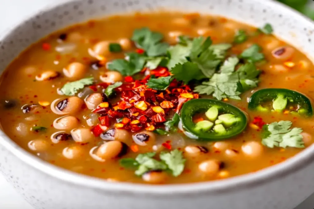 Spicy Black-Eyed Pea Soup garnished with red chili flakes and cilantro.