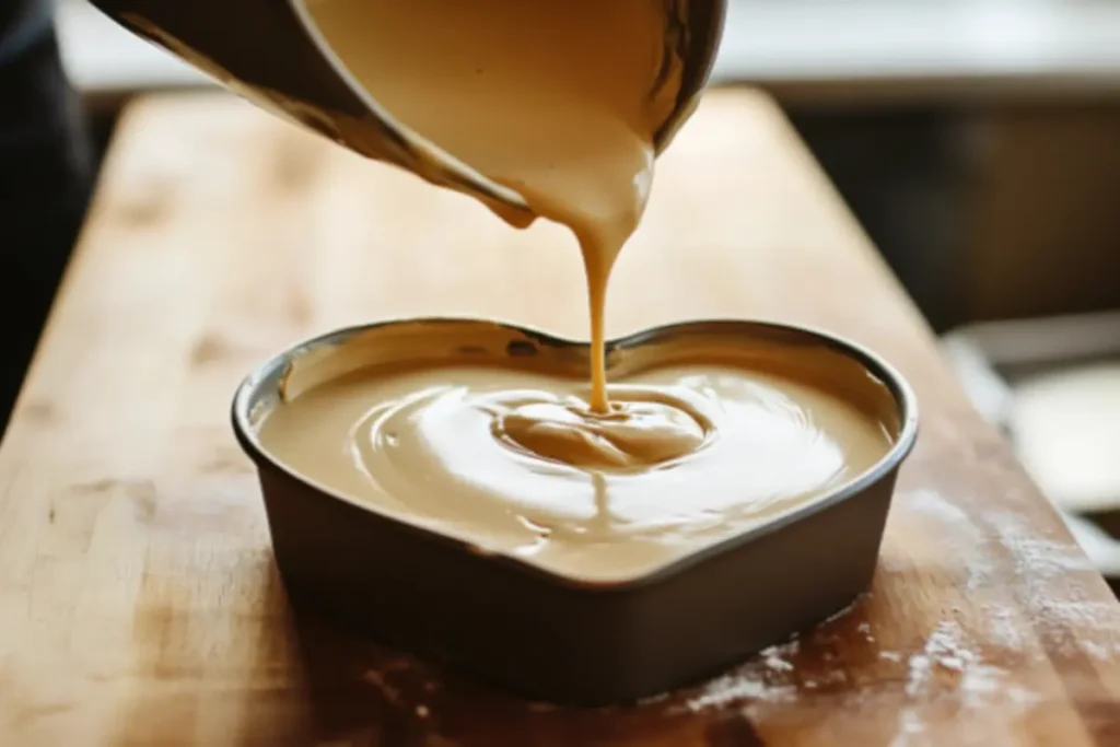 A close-up view of a baker pouring smooth cake batter into a heart-shaped cake pan on a wooden countertop, preparing it for baking.