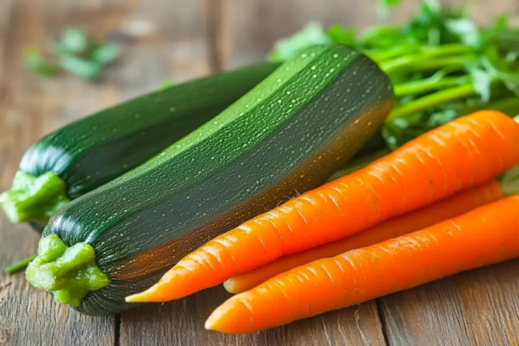 Fresh zucchini and carrots on a wooden table.