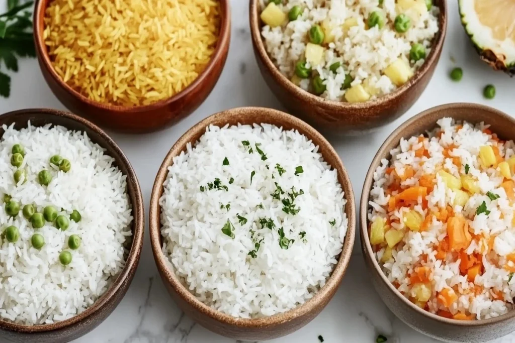 Various coconut jasmine rice dishes arranged on a counter