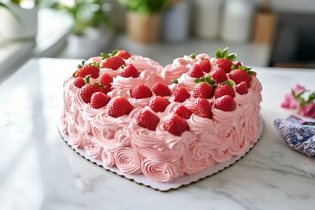 A pink heart-shaped cake with strawberries on a marble counter