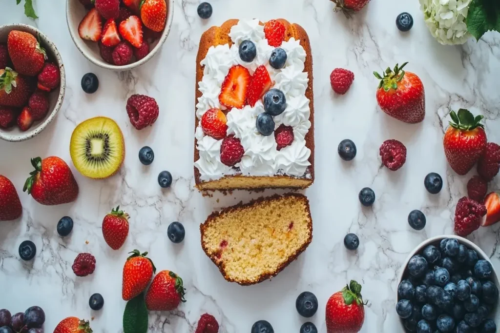 Vegan pound cake served with fruit and whipped cream on a white marble kitchen counter.