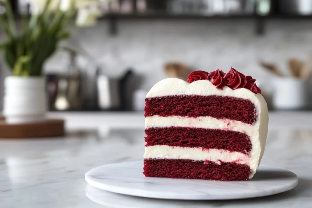 What is the meaning of heart cake? A red velvet heart cake sliced open, showing layers