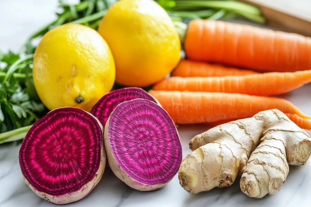 Sliced beets and carrots with other antioxidant-rich ingredients on a white marble kitchen counter.