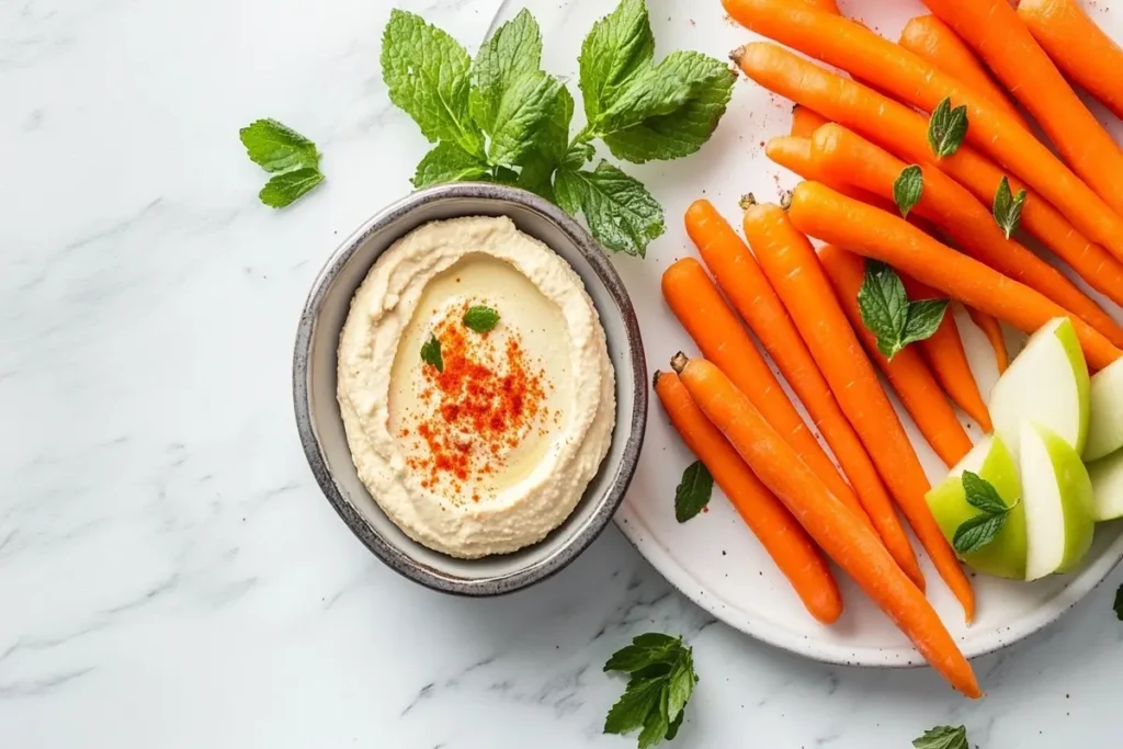 A plate of fresh apple and carrot sticks with a small bowl of hummus on a white marble kitchen counter