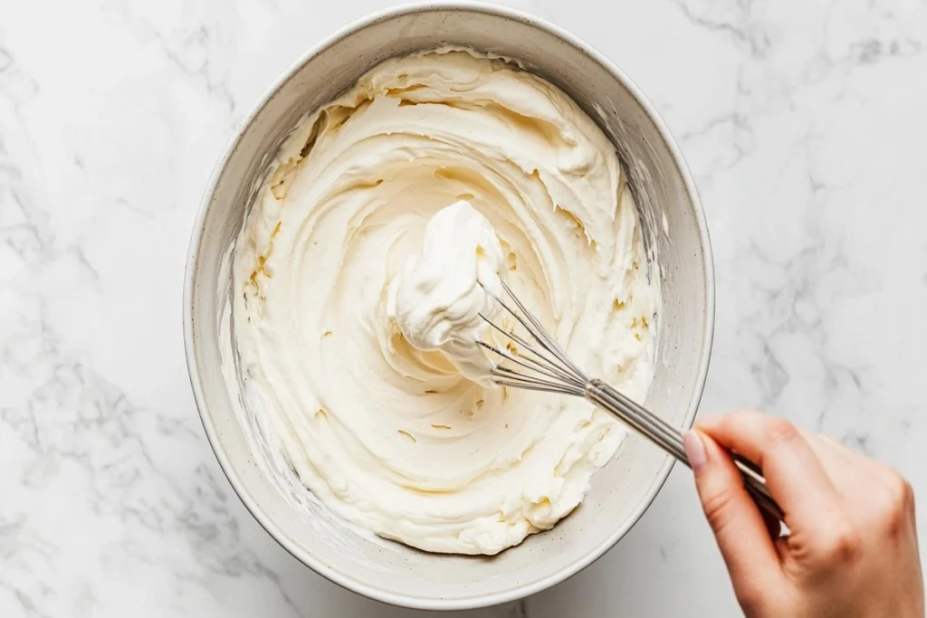 Whipped aquafaba added to vegan cake batter on a white marble kitchen counter.