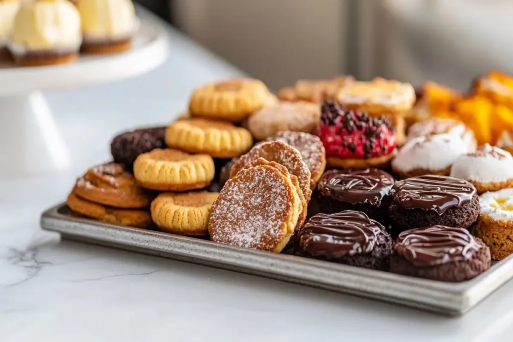 Assorted cakes and biscuits with a focus on Jaffa Cakes on a white marble kitchen counter.