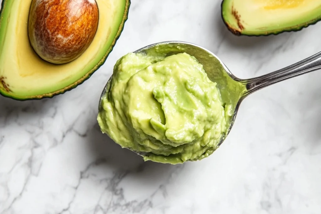 A spoonful of creamy avocado on a white marble kitchen counter.