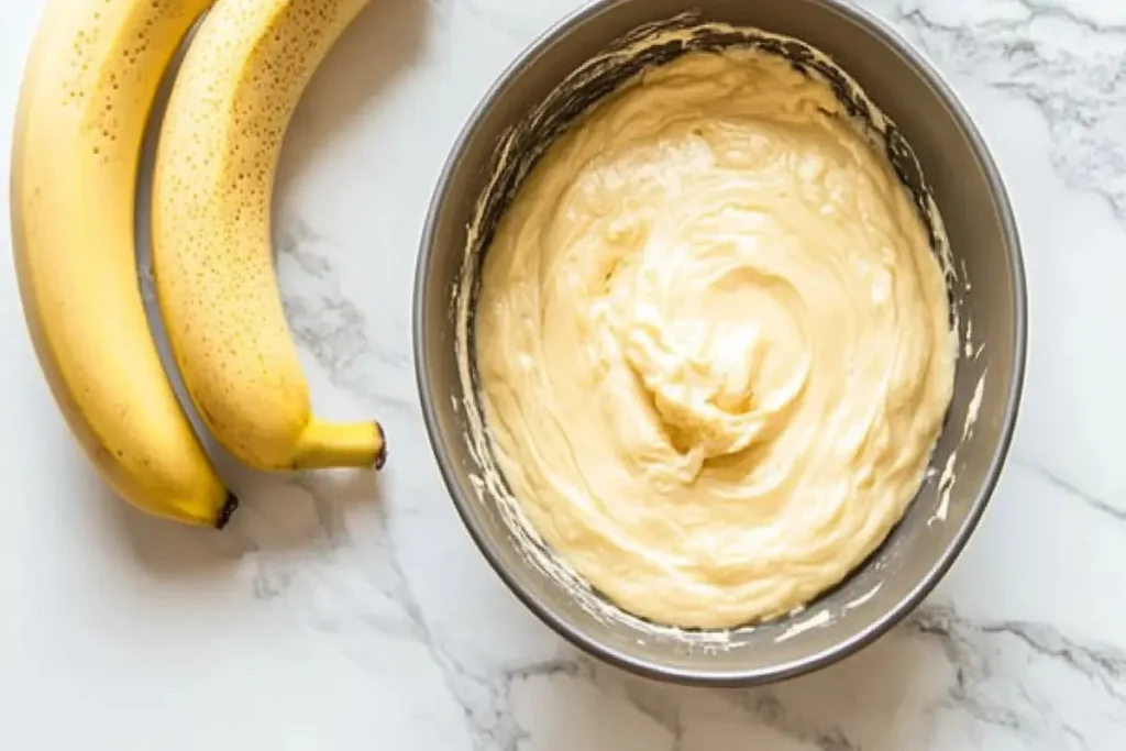 Ripe banana and vegan cake batter on a white marble kitchen counter.