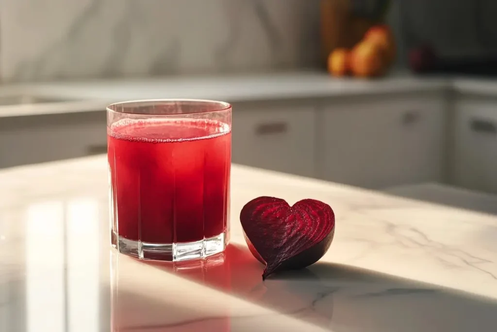 Is it okay to drink beet juice every day? A heart-shaped beet with a glass of beet juice on a white marble kitchen counter.