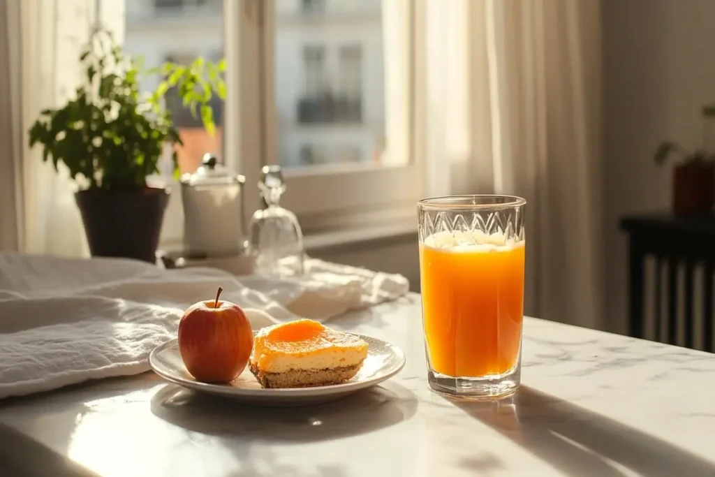 A morning breakfast setting with a glass of carrot and apple juice, placed on a white marble kitchen counter.