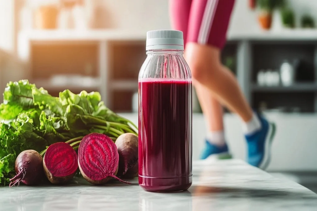 A gym bottle filled with beet juice next to fresh beets on a white marble kitchen counter.