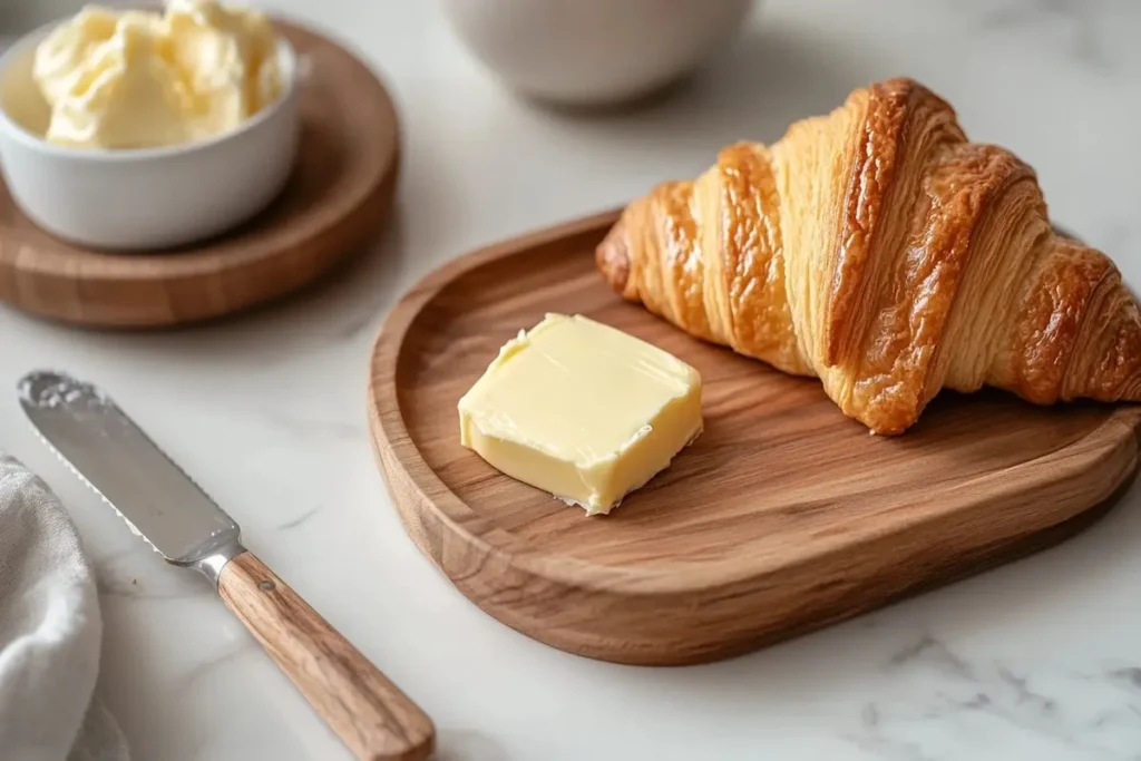 Butter being spread on a toasted croissant with a knife.