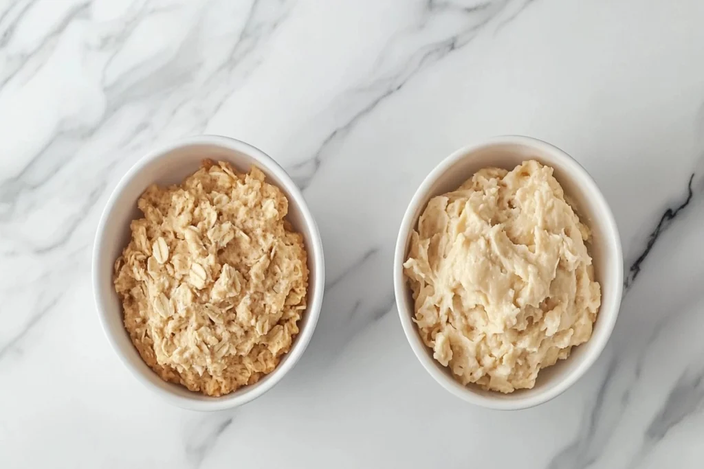 What makes oatmeal cookies crispy? Two bowls of cookie dough, one with butter and one with oil, placed on a marble counter.