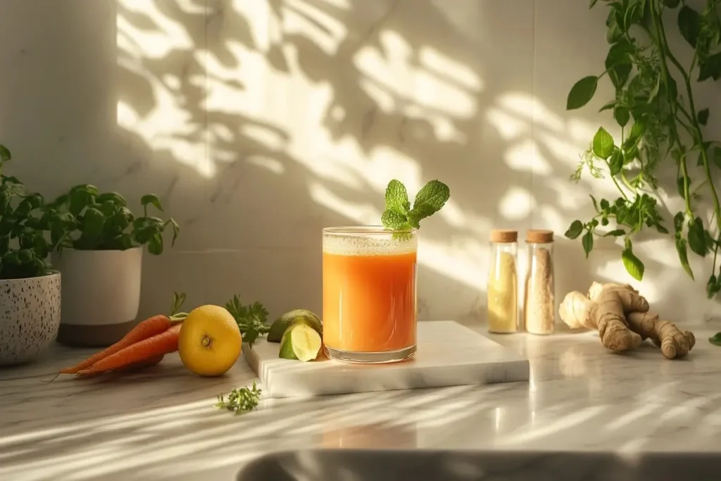 A detox-focused glass of carrot and apple juice with ginger, lemon, and mint on a white marble kitchen counter.