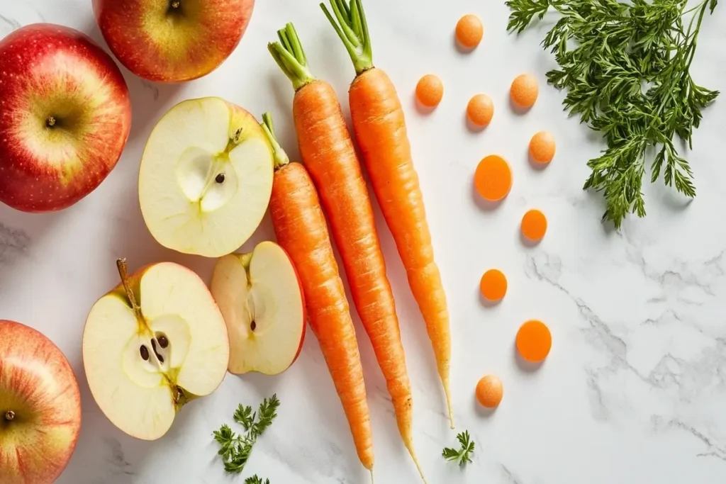 Freshly sliced carrots and apples with nutritional benefits highlighted, placed on a white marble kitchen counter.