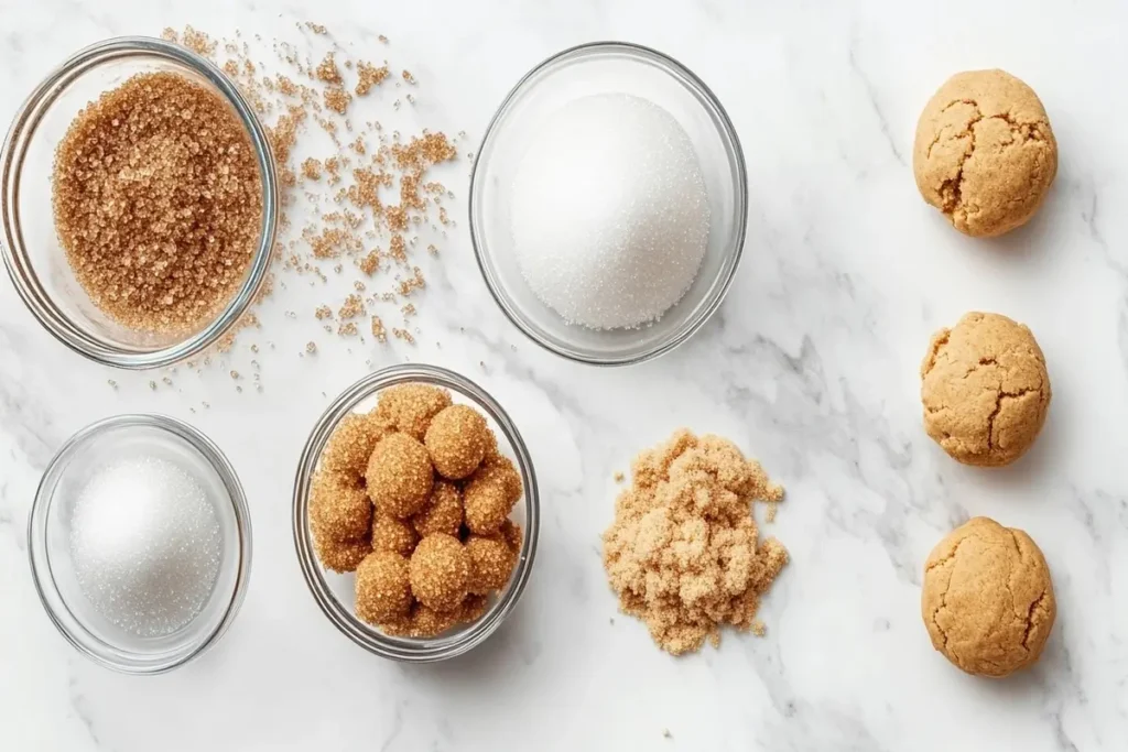 Granulated sugar, brown sugar, and cookie dough displayed on a white marble counter.