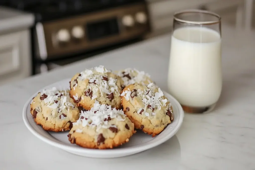 A plate of chocolate chip cookies topped with coconut flakes, next to a glass of milk.