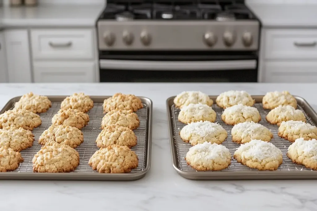 Two trays of coconut cookies showcasing soft and crispy textures.