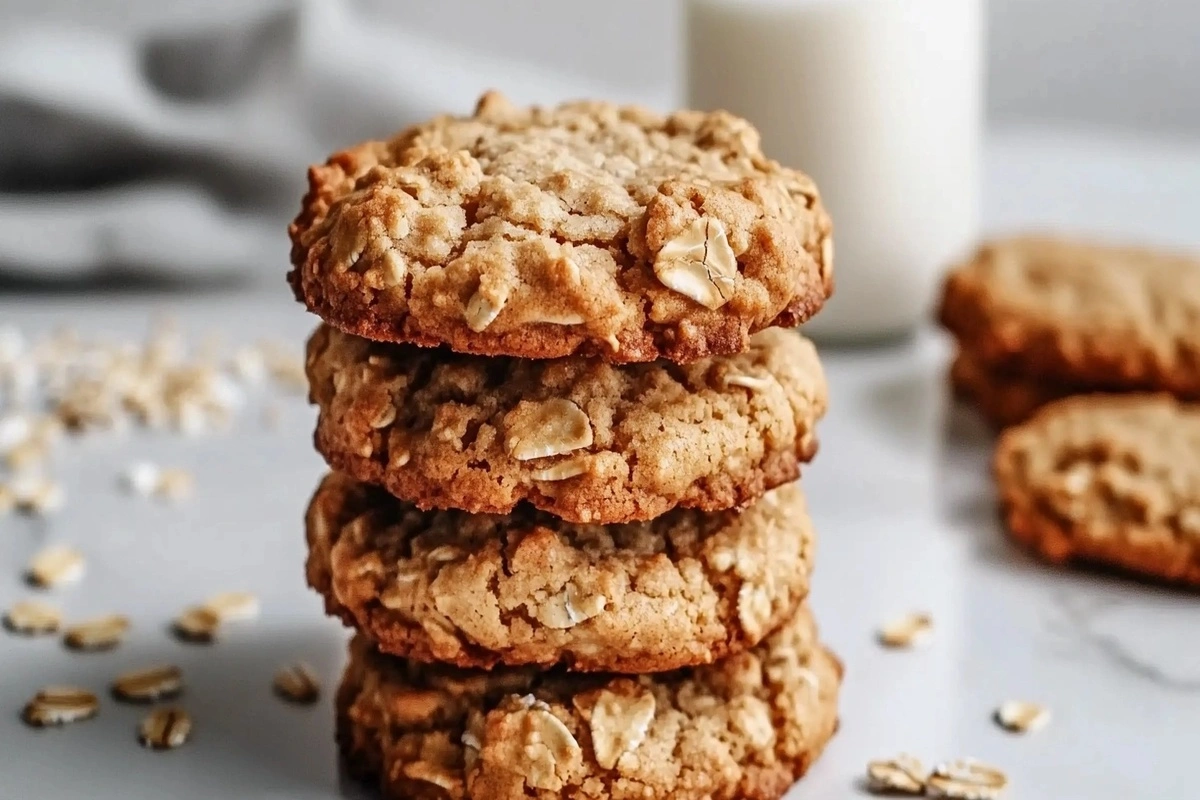 A batch of crispy oatmeal cookies stacked on a white marble kitchen counter with a glass of milk.