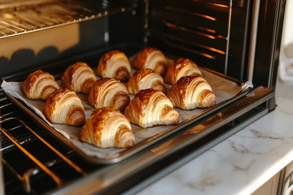 What is the best way to toast a croissant? Croissants on a baking sheet inside an oven, turning golden brown.