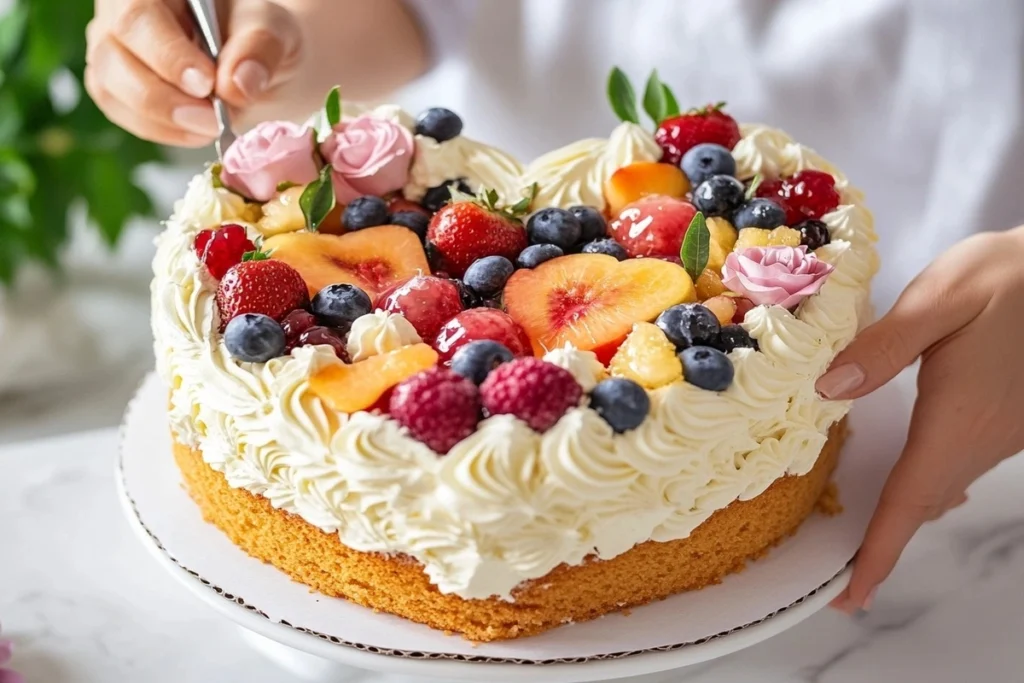 Hands decorating a heart cake with fresh fruit and flowers