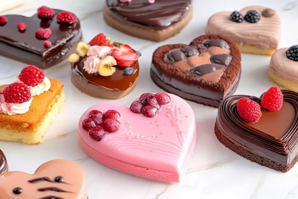 An assortment of heart cakes with various decorations