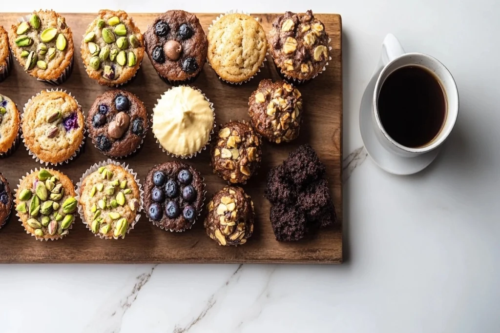 Assorted muffins including pistachio, blueberry, and chocolate chip.