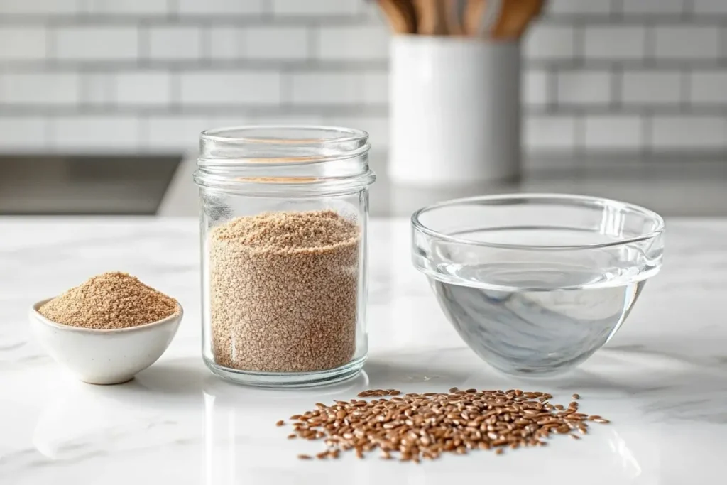 Flaxseed egg mixture on a white marble kitchen counter.