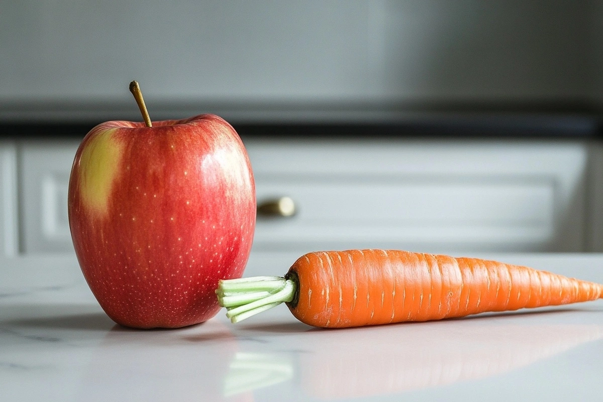 A fresh apple and a carrot resting on a white marble kitchen counter