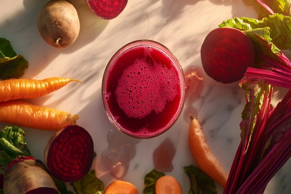 A glass of freshly made beet and carrot juice with raw ingredients on a white marble kitchen counter.