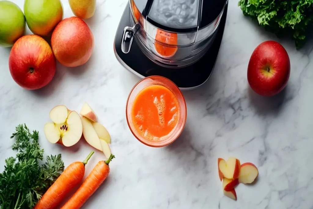 A juicer extracting fresh carrot and apple juice, surrounded by whole and sliced ingredients on a white marble kitchen counter