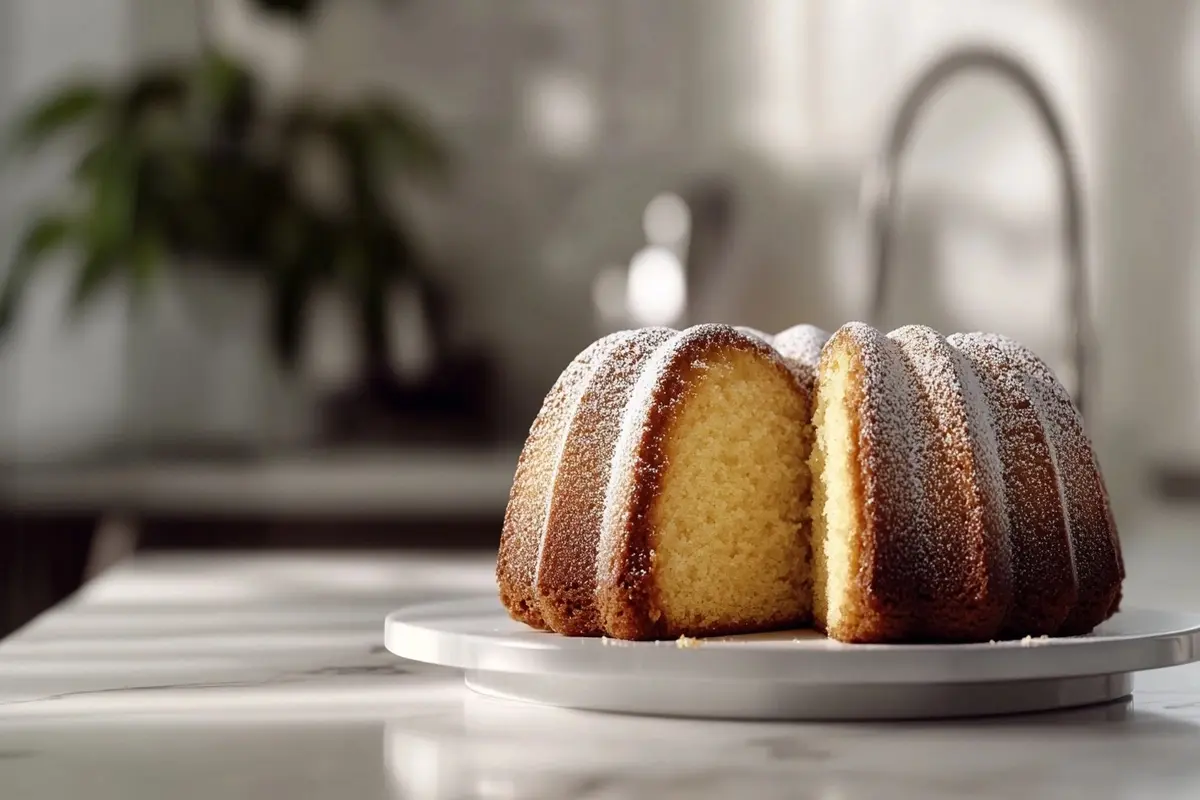 A freshly baked pound cake with a golden crust, sliced on a white marble kitchen counter.