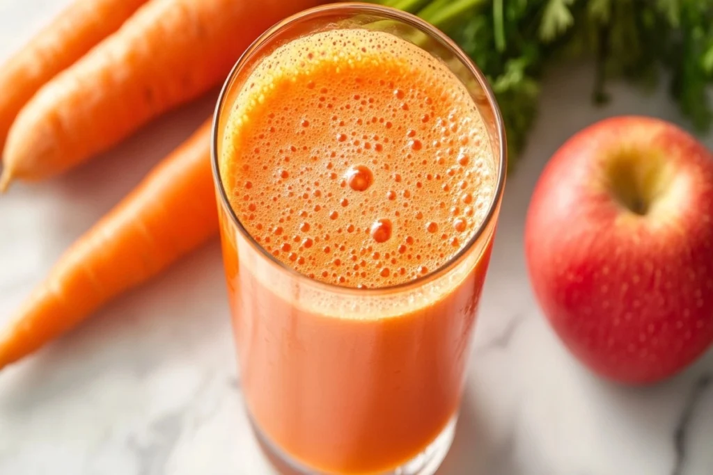 A glass of freshly poured carrot and apple juice with fresh ingredients beside it on a white marble kitchen counter.