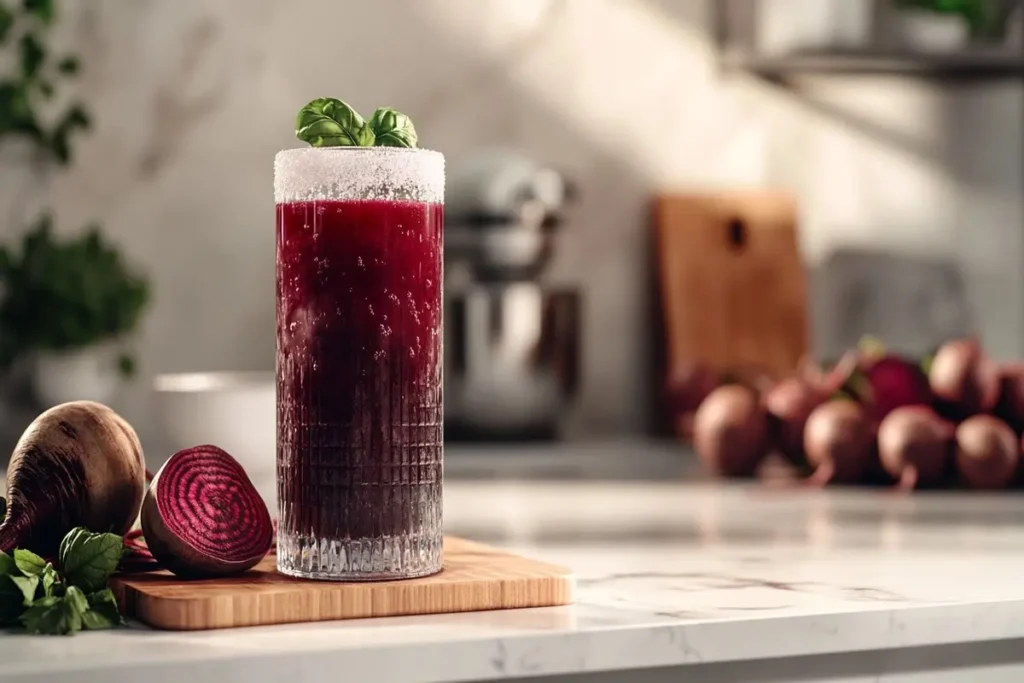 A tall glass of deep red beet juice with fresh beets on a white marble kitchen counter.