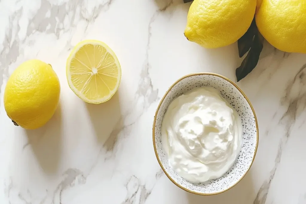 Bowl of Greek yogurt and a fresh lemon on a white marble kitchen counter.