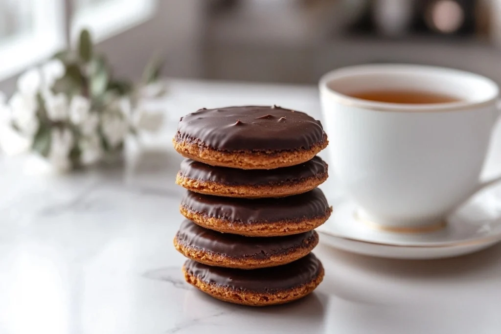 Close-up of a Jaffa Cake showing its orange jelly and chocolate coating on a white marble kitchen counter."