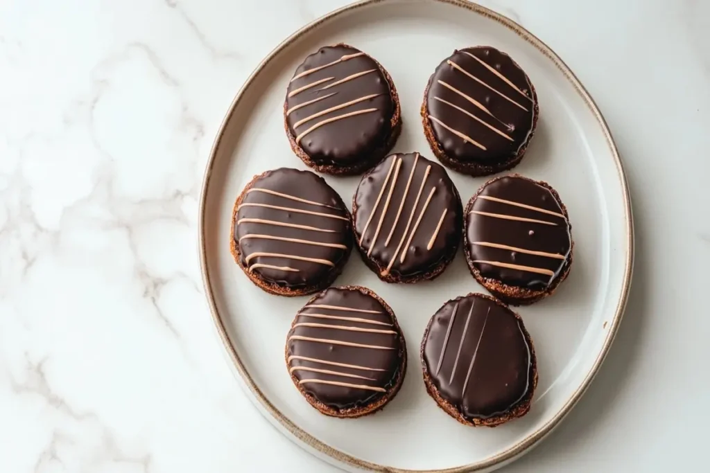 Why is a Jaffa Cake not a biscuit? Neatly arranged Jaffa Cakes on a plate placed on a white marble kitchen counter.