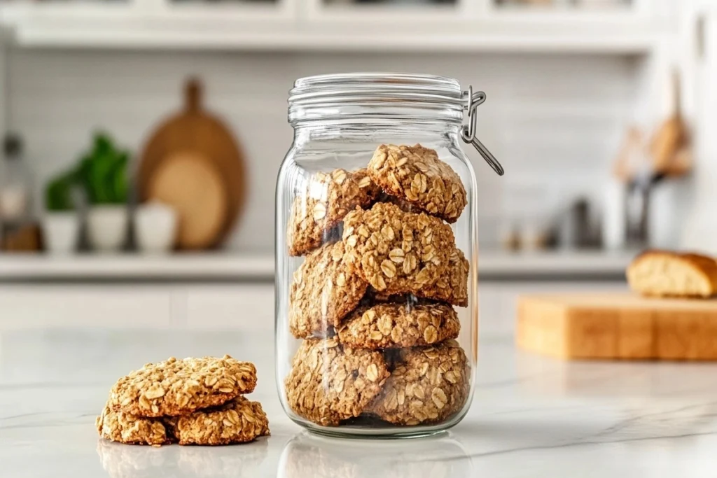 A glass jar of crispy oatmeal cookies with a small bread slice on a marble counter.