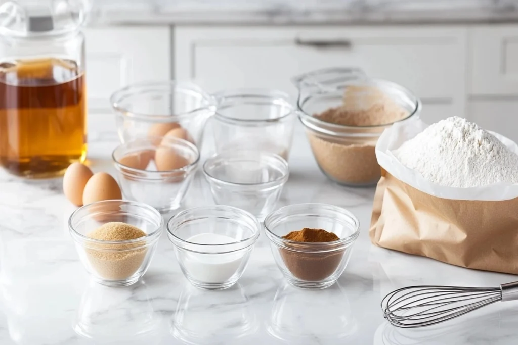 A selection of muffin ingredients including buttermilk, brown sugar, and eggs.